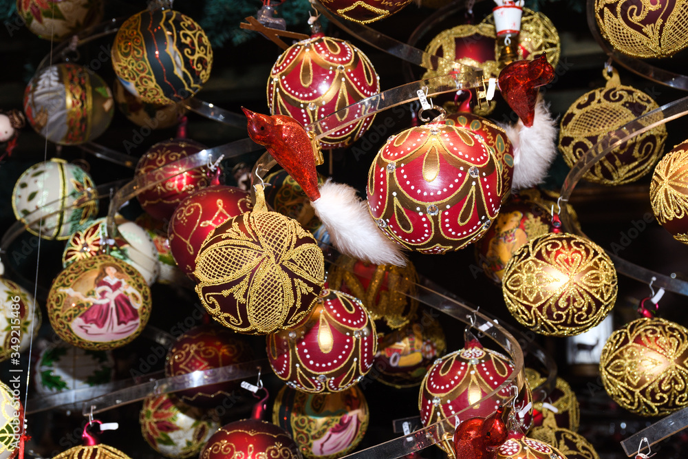 Christmas decorations on the market in Vienna.Golden balls, bulbs, bubbles,decorations and ornaments