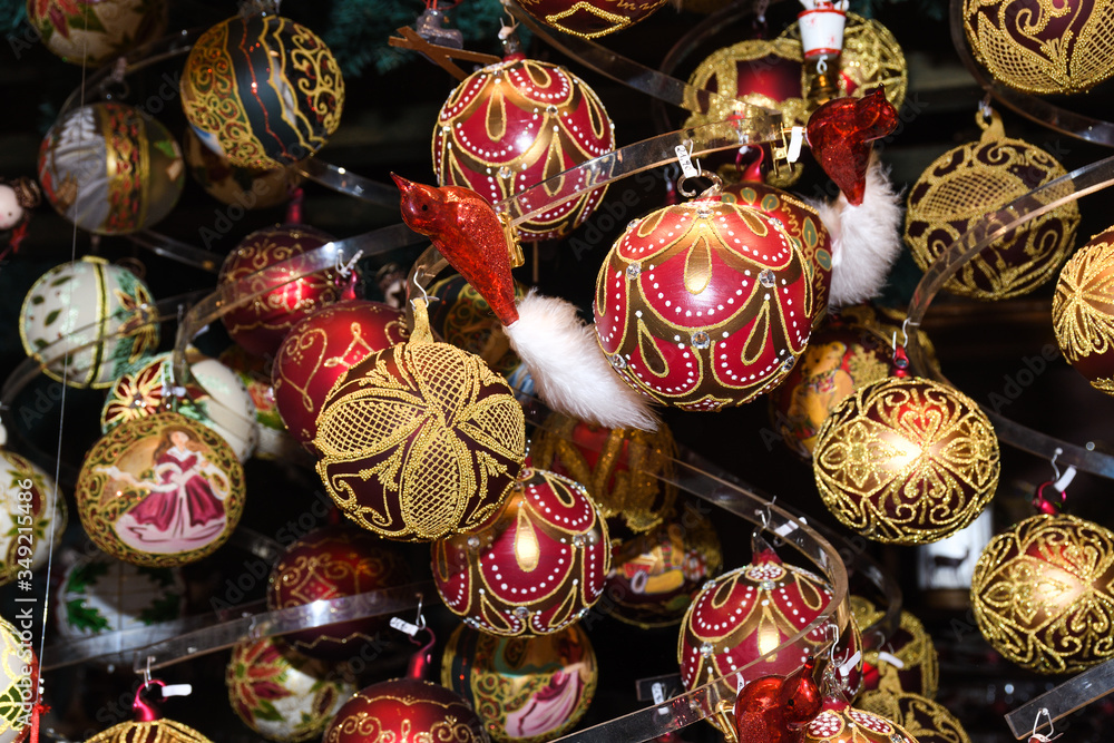 Christmas decorations on the market in Vienna.Golden balls, bulbs, bubbles,decorations and ornaments Christmas decorations on the market in Vienna.Golden balls, bulbs, bubbles,decorations and ornaments