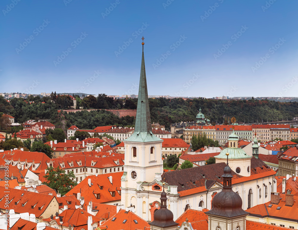 Top view of Prague with the Church of St. Thomas in the center. Czech Republic