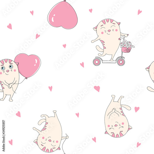 Seamless pattern with cute white cats with balloons in the shape of a heart and on the scooter.