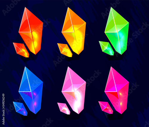 set of isolated bright sparkle precious stones for app user interface, cards, web, illustrations; transparent crystals, gems, rock, natural nuggets; dragon treasure set for fantasy game assets