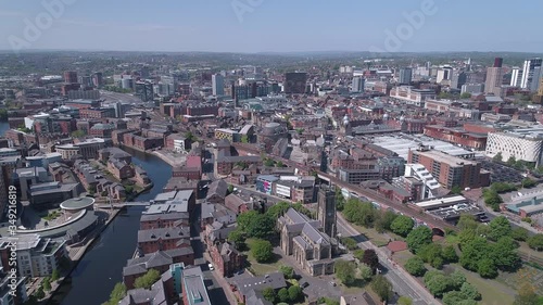 Aerial drone Leeds minster and trains in city centre, West Yorkshire