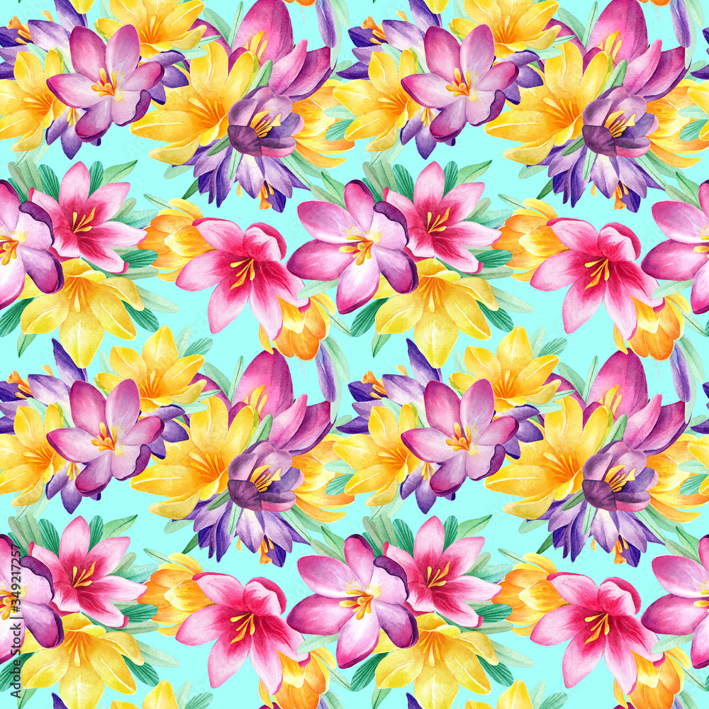 Colorful, bright, spring flowers. Seamless watercolor pattern with pink, purple, yellow, violet, orange crocuses on 
turquoise background. Good texture for textile design and printed products design. 