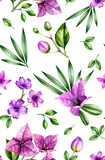 Watercolor floral seamless pattern. Bougainvillea and purple orchid flowers, palm leaves isolated on white. Botanical hand drawn floral background for surface, textile, wallpaper design
