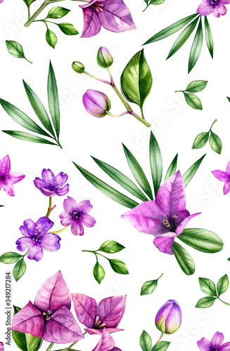 Watercolor floral seamless pattern. Bougainvillea and purple orchid flowers, palm leaves isolated on white. Botanical hand drawn floral background for surface, textile, wallpaper design