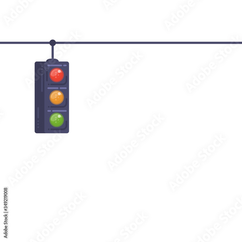 Traffic light banner with white background. Traffic light on wire. Safety stoplight on road. Modern style vector with lines.