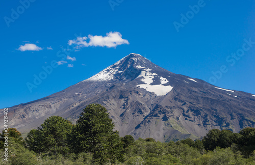 PUCON, CHILE - SEPTEMBER, 23, 2018: Pucon town in central Chile on a blue skies sunny day