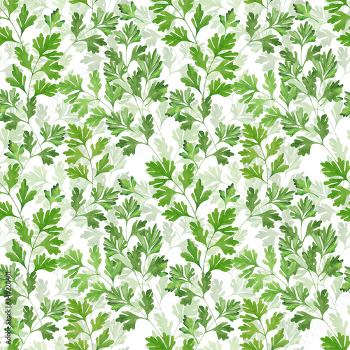 Food seamless pattern with olive leaves and parsley greens. Hand drawn watercolor style. Healthy organic food. Vegetarian background