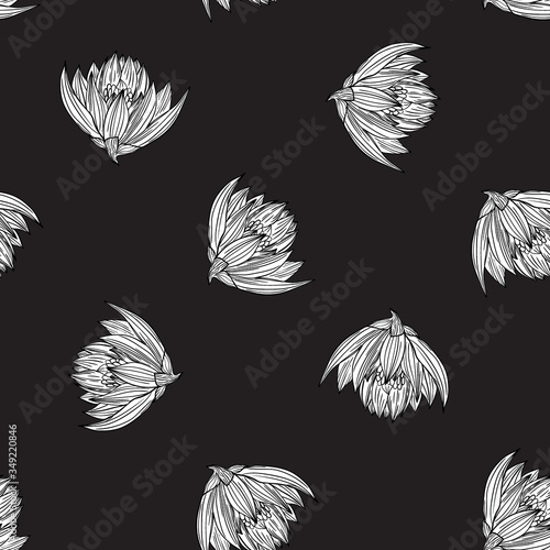 Simple cute lotus floral bouquet vector pattern with small and medium flowers and leaves.