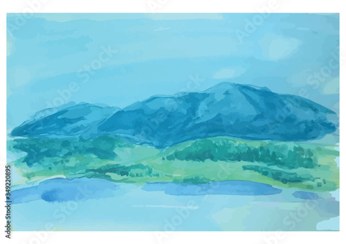 水彩画 湖と山脈
