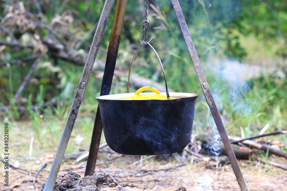 tourist smoke kettle on campfire place tourist smoke kettle on campfire place