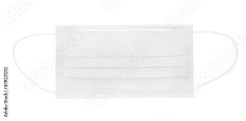 Protective face mask. Disposable earloop 3-layer face mask in white colour isolated. Stay healthy during cold and flu season with protective face mask - image