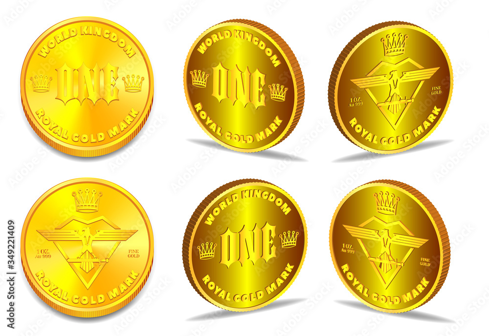 Coin of world kingdom. In several 3D projections. Royal mark 1 oz. of fine gold EPS10 Coin of world kingdom. In several 3D projections. Royal mark 1 oz. of fine gold EPS10