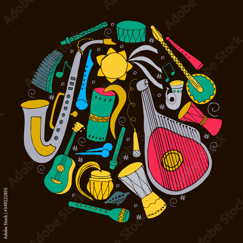 Set of hand drawn traditional Slavic, Ukrainian musical instruments in circle. Reed pipe, kobza, buhay, sopilka, bandura, pan flute etc. Music instruments in hand drawn style. Vector illustration.