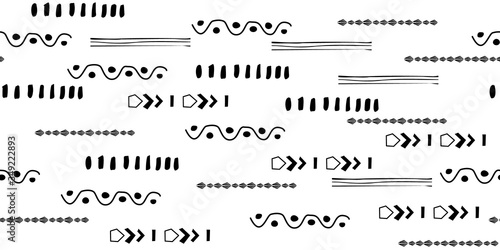 Black hand drawn stripes seamless monohrome pattern. Different elements