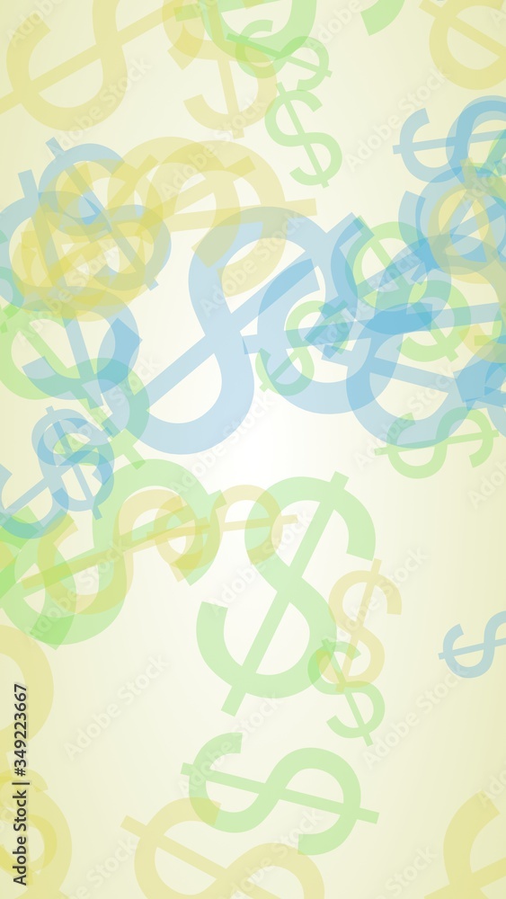 Multicolored translucent dollar signs on white background. 3D illustration