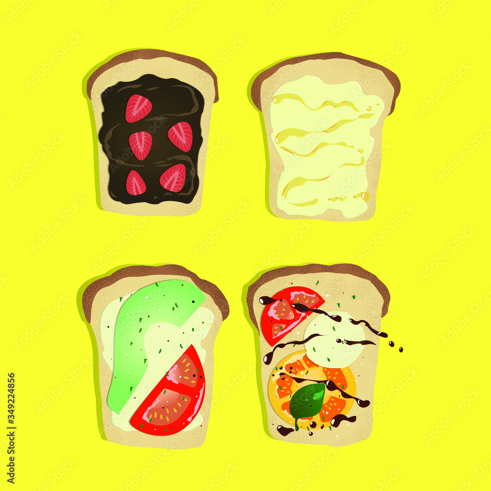 Set of toasts with different ingredients on yellow background Set of toasts with different ingredients on yellow background