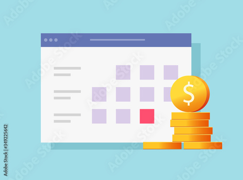 Money time payment date schedule or agenda finance website list in calendar vector flat cartoon, illustrated web tasks list and cash, idea of tax or credit loan pay time, budget or financial plan