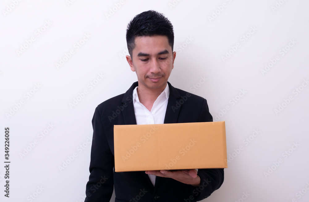 Shop assistant brings the parcel, isolated, white background Shop assistant brings the parcel, isolated, white background