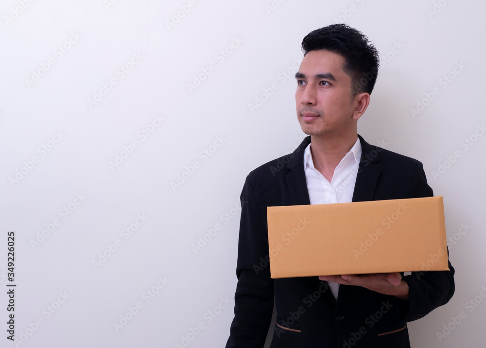 Shop assistant brings the parcel, isolated, white background Shop assistant brings the parcel, isolated, white background