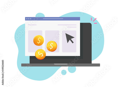 Pay per click or cost per click website money earning online on computer vector icon flat cartoon, web or internet tech, coins cash income from advertising clicking, ppc or cpc symbol modern image