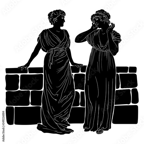 Two ancient Greek women in tunics is stand near the stone parapet and talking. Vector image isolated on white background.