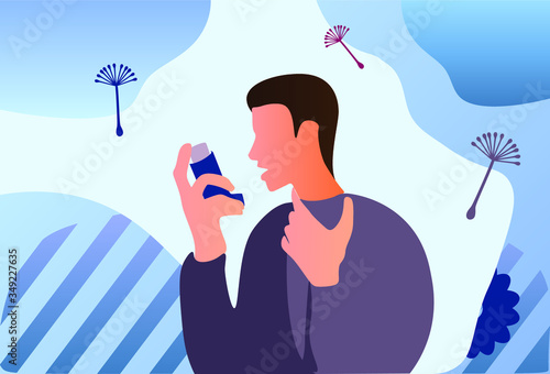 Asthma inhaler help allergic man. World asthma day. Allergy, asthmatic. Inhalation medicine. Flat vector illustration concept. Man uses an inhaler against the attack. Bronchial asthma.