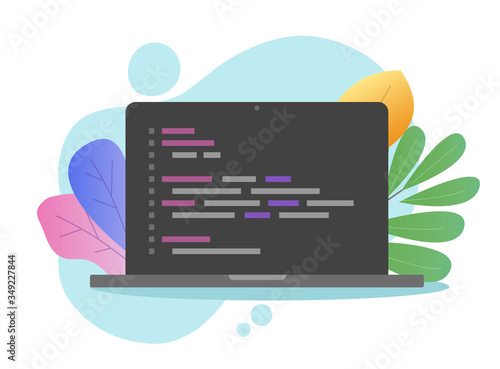 Programming javascript or html code on laptop computer screen or coding php script on pc vector flat cartoon, illustrated computer programme source code on display modern design image