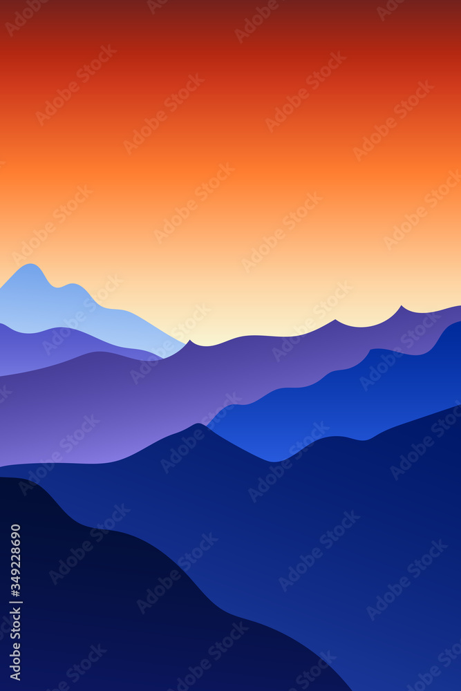 Flat natural landscape with mountain peaks & red gradient sky at sunrise. Vacation & outdoor activities vertical image. Recreation & meditation texture concept. Serenity vector illustration background