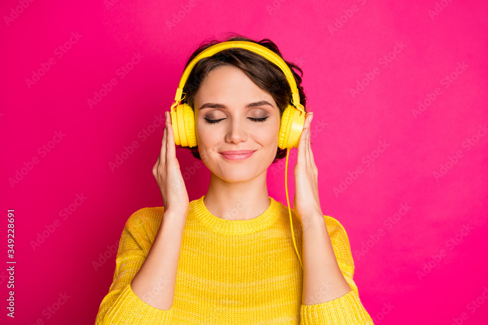 Close-up portrait of her she nice attractive lovely cute charming dreamy peaceful cheery girl listening podcast motivation playlist isolated on bright vivid shine vibrant pink fuchsia color background Close-up portrait of her she nice attractive lovely cute charming dreamy peaceful cheery girl listening podcast motivation playlist isolated on bright vivid shine vibrant pink fuchsia color background