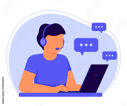 Customer service. Man operator call center with headphones and microphone with laptop. Support, assistance, call center, hot line, help, response, consultation. Answer to questions. Vector flat