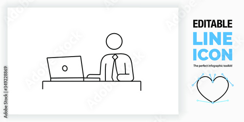 Editable line icon of a stick figure person on a computer sitting at his desk in a office wearing a corporate suit with tie looking at the screen of his laptop in a black stroke as a eps vector design