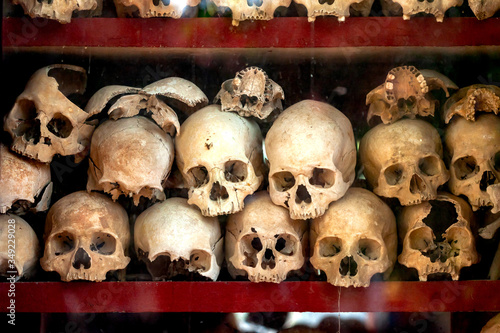 Human skulls from Khmer rouge genosideon at wat thmei Siem Reap Cambodia. photo