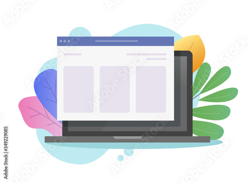 Website page or web internet site in browser window of laptop computer vector flat cartoon, illustrated pc with webpage modern design on color background image