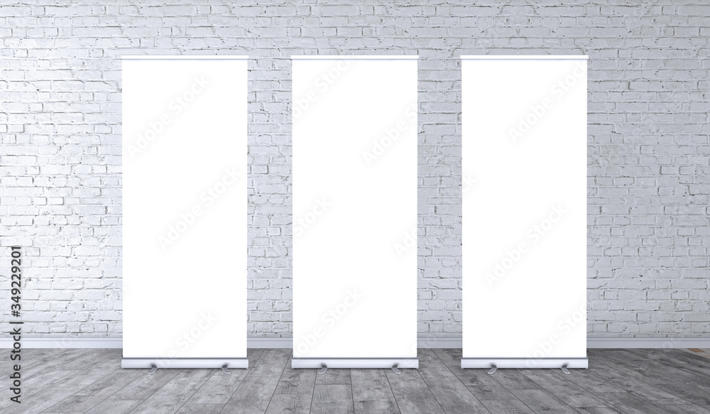 Empty three rollup banners stand. Blank template mockups. Exhibition stand 3 roll-up banners, screen for you design. Vertical white roll up for preview. - obrazy, fototapety, plakaty 
