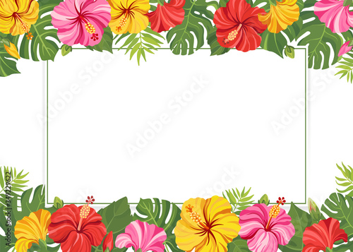 Tropical flowers and green leaves frame template. Hibiscus floral border with place for text. Vector illustration.