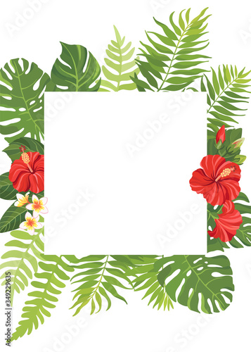 Red tropical flowers and green leaves frame template. Hibiscus floral border with place for text. Vector illustration.