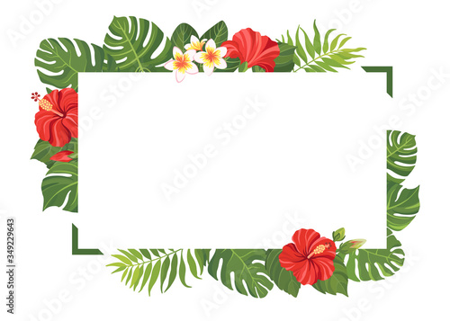 Red tropical flowers and green leaves frame template. Hibiscus floral border with place for text. Vector illustration.