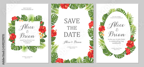 Wedding invitation set. Cards with red flowers hibiscus and tropical green leaves. Floral border. Save the date, invite, birthday card design. Vector illustration.
