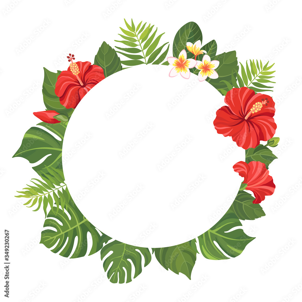 Red tropical flowers and green leaves frame template. Hibiscus floral border with place for text. Vector illustration. Red tropical flowers and green leaves frame template. Hibiscus floral border with place for text. Vector illustration.