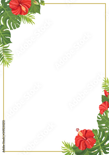 Red tropical flowers and green leaves frame template. Hibiscus floral border with place for text. Vector illustration.