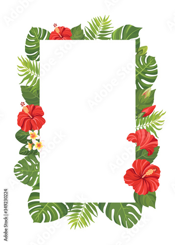 Red tropical flowers and green leaves frame template. Hibiscus floral border with place for text. Vector illustration.