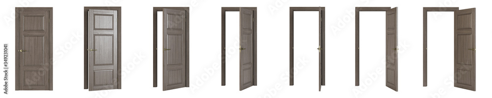 Interroom door isolated on white background. Set of wooden doors at different stages of opening. 3D rendering.