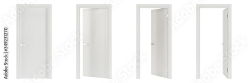 Interroom door isolated on white background. Set of wooden doors at different stages of opening. 3D rendering.