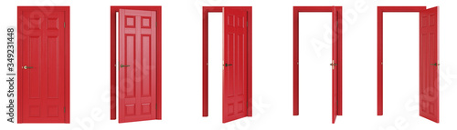 Interroom door isolated on white background. Set of wooden doors at different stages of opening. 3D rendering. photo