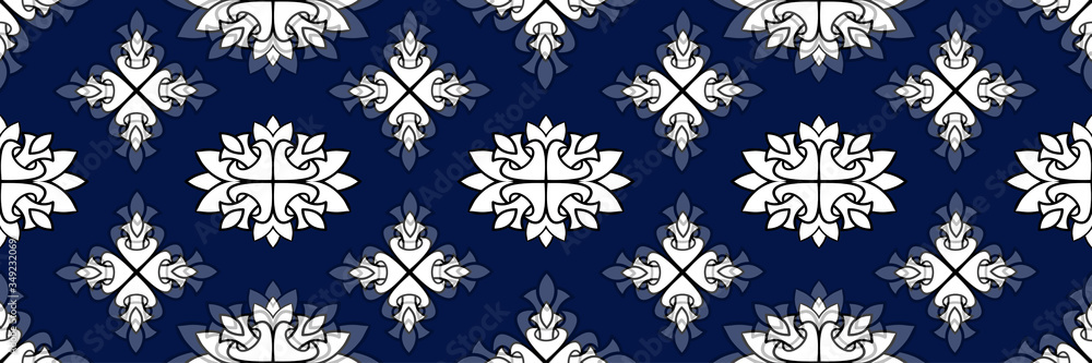 Uzbek ikat silk fabric pattern, motif ethnic indigo blue and white colors. Tite repit pattern Uzbek ikat silk fabric pattern, motif ethnic indigo blue and white colors. Tite repit pattern