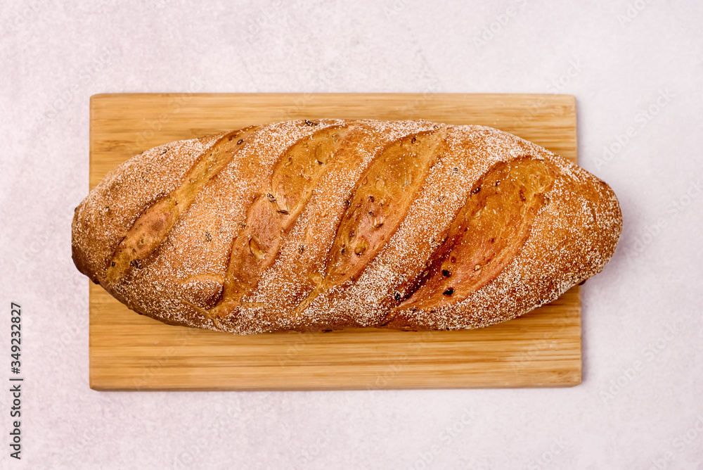 Tasty Homemade Bread on Wooden Board Light Gray Background Top View Horizontal