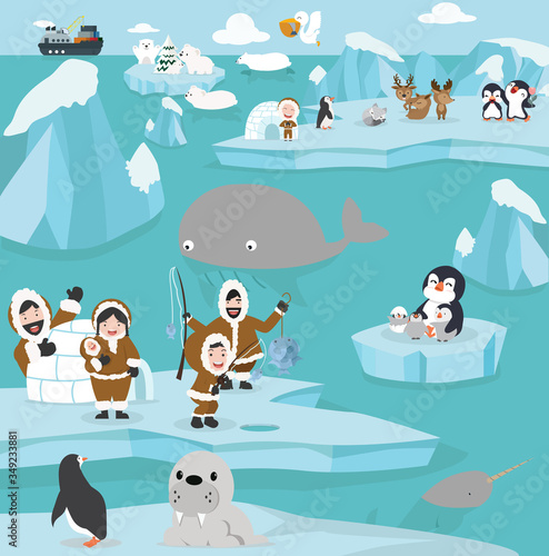 Cute arctic animals  cartoon set background