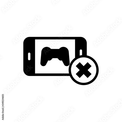 Smartphone with joystick icon not allowed sign in black flat design on white background
