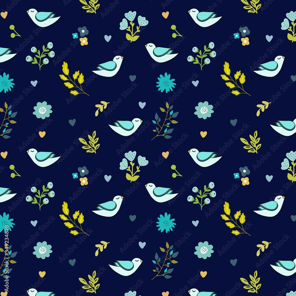 dark blue pattern with birds, flowers and hearts